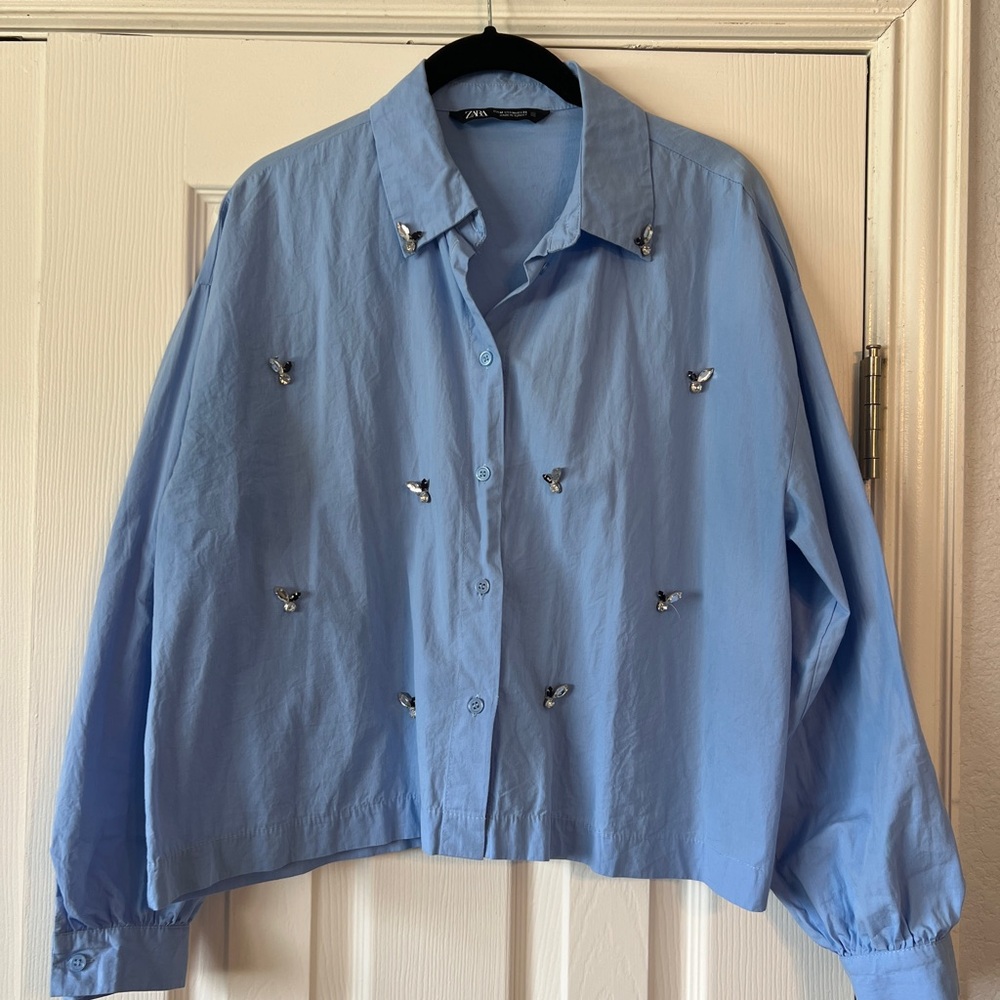 Zara Blue Button-Up Shirt with Embellishments